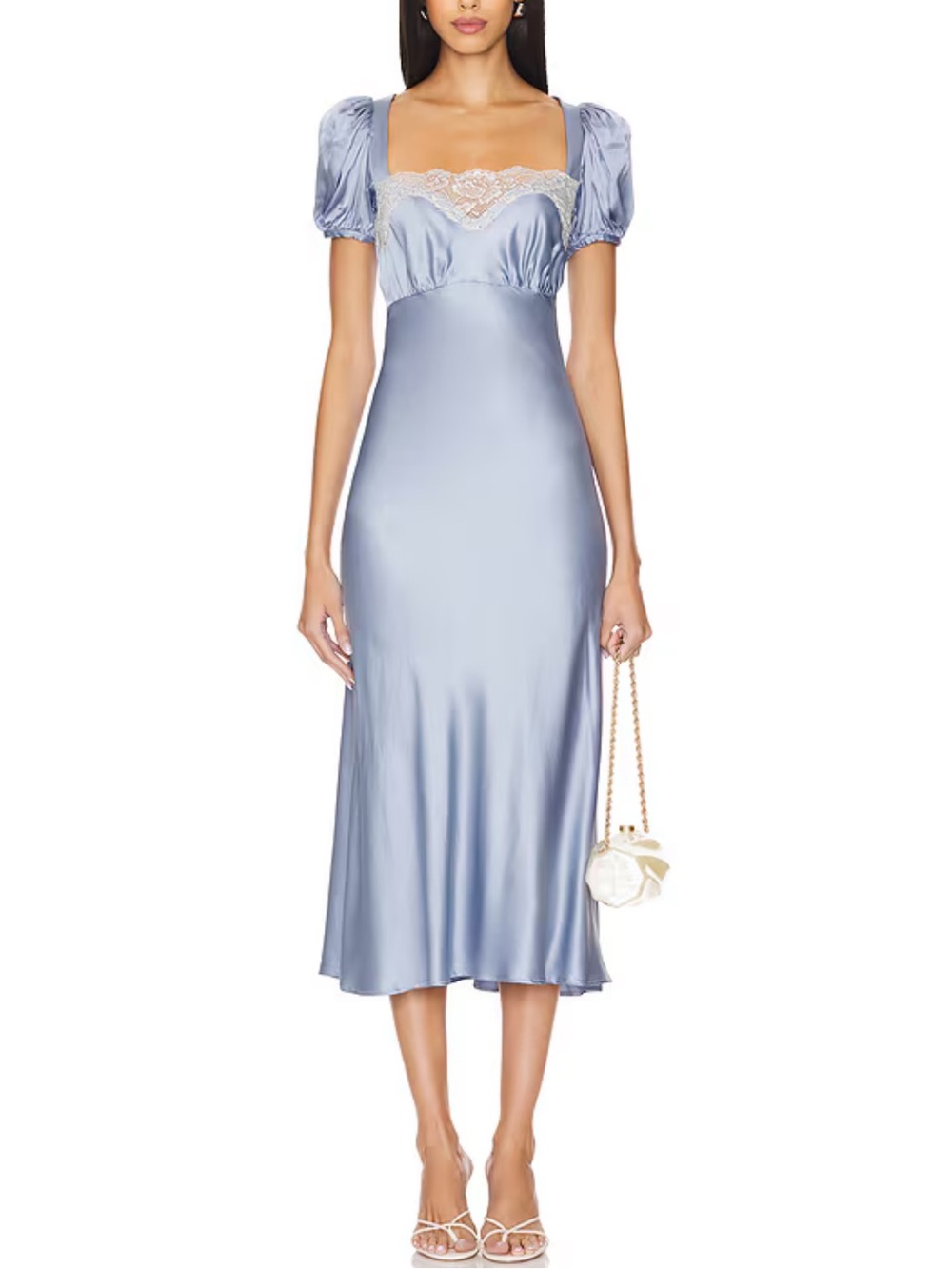 LPA Satin Lace-Trim Midi Dress in Light Blue